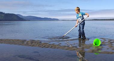 A young boy stands in shallow water in Netarts Bay with a shovel digging for clams. A bright green bucket is knocked over next to the boy's feet.